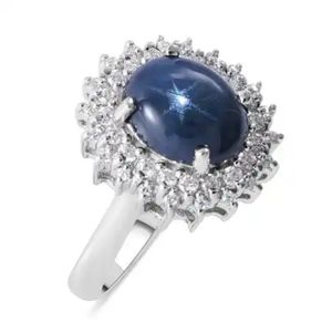 Blue Star Sapphire DF and Moissanite Double Halo Ring Platinum Over SS